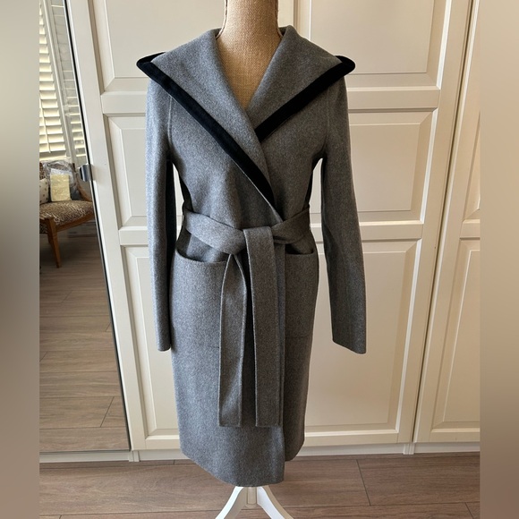 Magaschoni Grey Double-Faced Wool Wrap Coat with Hood & Black Trim Size Medium - Picture 1 of 8